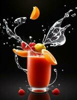 Photo blender with fruits flying isolated on black background fruit juice and splash