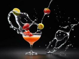 Photo blender with fruits flying isolated on black background fruit juice and splash