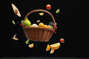 Photo blender with fruits flying isolated on black background Basket splash