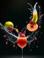 Photo blender with fruits flying isolated on black background fruit juice and splash