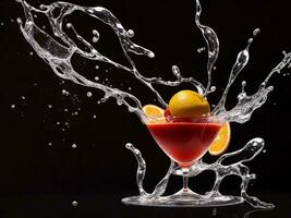 Photo blender with fruits flying isolated on black background fruit juice and splash