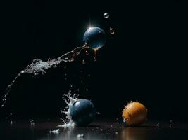 Photo blender with fruits flying isolated on black background fruits juice and splash