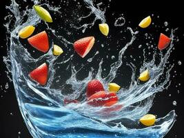 Photo blender with summer fruits flying isolated on black background water splash