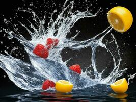 foto licuadora con verano frutas volador aislado en negro antecedentes agua chapoteo