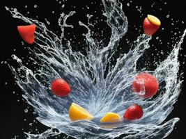 Photo blender with summer fruits flying isolated on black background water splash