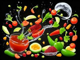 Photo blender with vegetables flying isolated on black background water splash