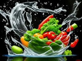 Photo blender with vegetables flying isolated on black background water splash