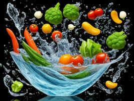 Photo blender with vegetables flying isolated on black background water splash