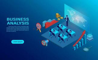 Business analysis concept with character. creative interactive workspace, development workplace. Infographic of analysing strategy engine. flat design isometric vector