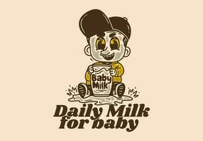 vintage drawing of baby character holding a glass of milk vector