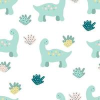 Summer seamless pattern with dinosaurs and plants. Animalistic print for tee, textile and fabric. vector