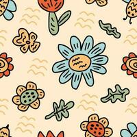 Summer seamless pattern with doodle flowers and bees. Perfect print for tee, paper, textile and fabric. vector