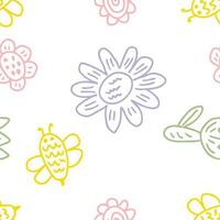Doodle seamless pattern with cute flowers and bees. Summer print for tee, paper, textile and fabric. vector
