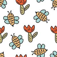 Summer seamless pattern with tulip flowers and bees. Perfect print for tee, paper, textile and fabric. vector