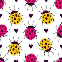 Funny ladybugs with hearts. Seamless pattern with cartoon elements. vector