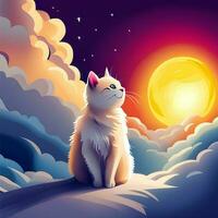 ilustración de un linda gato sentado en un nube y disfrutando póster, bandera, vestir, imprimir, camisa diseño. internacional gato día foto