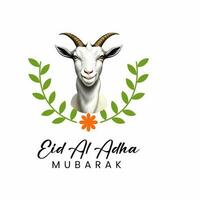 Eid-Al-Adha Mubarak- Islamic eid holiday background.Eid al Adha greeting card. Animals to sacrifice for muslim eid-ul-adha goat with green leaves and orange flower Portrait 3d illustration photo