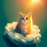ilustración de un linda gato sentado en un nube y disfrutando póster, bandera, vestir, imprimir, camisa diseño. internacional gato día foto