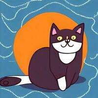 cortar gato sentado y disfrutando con azul fondo gato naturaleza concepto. ilustración plano diseño. vestir, imprimir.internacional gato día foto