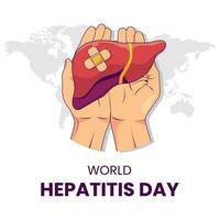 Vector graphic of world hepatitis day adult hands holding donation liver on white background