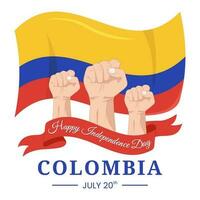 Vector graphic of Colombia Independence Day artwork for greeting card with clenched fist and ribbon