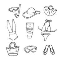 Set of summer beach elements in hand drawn doodle style. Collection of things for rest. Line stickers. Vector illustration isolated on white background.