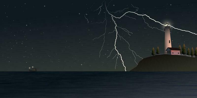 Lighthouse on rock cliff hit by lightning at sea shore have fishing boat at skyline. Island pharos, light house, seascape, signal building on seaside and stars on the sky at night.
