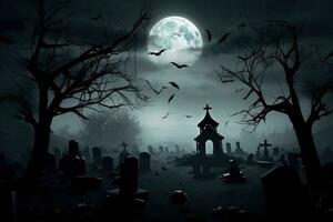 Generative AI illustration of graveyard halloween scary, moon, dark, bats photo