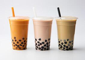 illustration of product photo of 3 plastic cups of boba milk tea, with bubbles, fun, solid soft pastel background
