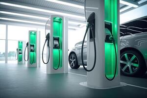 Generative AI illustration of EV charging station for electric car in concept of green energy, eco power produced from sustainable source to supply to charger station in order to reduce CO2 emission photo