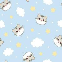 Blue pattern with white grey cat face, clouds and stars vector