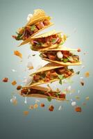 Generative AI illustration of flying tacos for food commercial, blank background photo