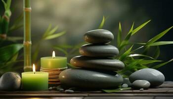 Generative AI illustration of zen relaxation spa. Beauty salon and massage atmosphere. Banner with bamboos, candles and stacked stones. Calm and relaxing atmosphere photo
