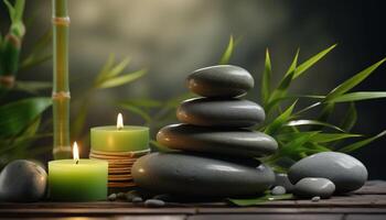 illustration of zen relaxation spa. Beauty salon and massage atmosphere. Banner with bamboos, candles and stacked stones. Calm and relaxing atmosphere photo