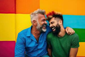 Generative AI illustration of smiling couple gay, LGBT concept, positive and joyful. Rainbow color background photo