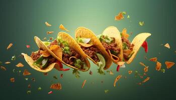 Generative AI illustration of flying tacos for food commercial, blank background photo