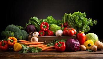 Generative AI illustration of organic harvest vegetables. Vegetarian ingredients for cooking on dark rustic wooden background, top view photo