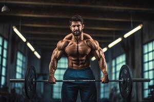 generativo ai ilustración de ejercicio y hombre con barra con pesas en gimnasio para aptitud física, fuerte músculo poder o salud. carrocero, formación y cara de masculino atleta levantamiento de pesas para bienestar foto