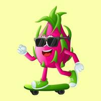 Cute dragon fruit character skateboarding vector