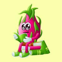 Cute dragon fruit character wearing glasses and reading a book vector