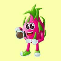 Cute dragon fruit character pouring coffee vector