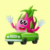 Cute dragon fruit character playing with car toy vector