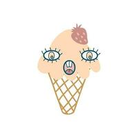 Scared face strawberry ice cream cone character with doodle eyes. Perfect print for tee, sticker, poster. vector