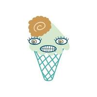 Crazy giggle face mint ice cream cone character with chocolate cookie. Perfect print for tee, sticker, poster. vector