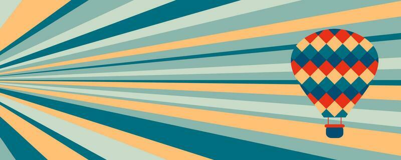 Retro style print with hot air balloon on striped sky background. Perfect for cup, mug, postcard, sticker, banner.