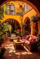 Generative AI illustration of the beauty and richness of a traditional Mexican living room and patio, with bright colors on the walls, cacti, tropical leaves, lanterns, majestic arches, and stairs photo