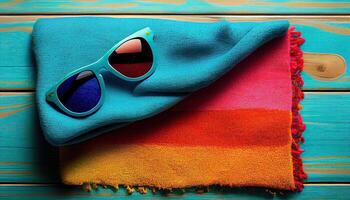 Generative AI illustration of beach sand and colorful towel on blue wooden background. Summer holiday banner. Sunglasses in center. Top view, sunlight photo