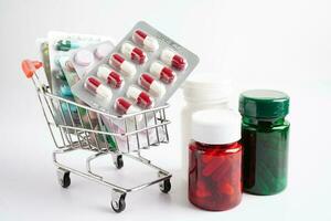 Shopping trolley with blister pill and capsule from drug prescription, pharmacy for treatment health medicine. photo