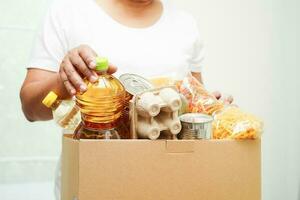 Foodstuffs in donation box for volunteer to help people. photo