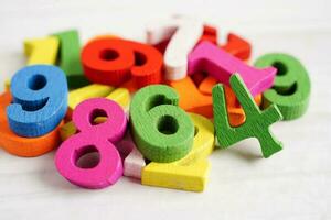Number wood block cubes for learning Mathematic, education math concept. photo